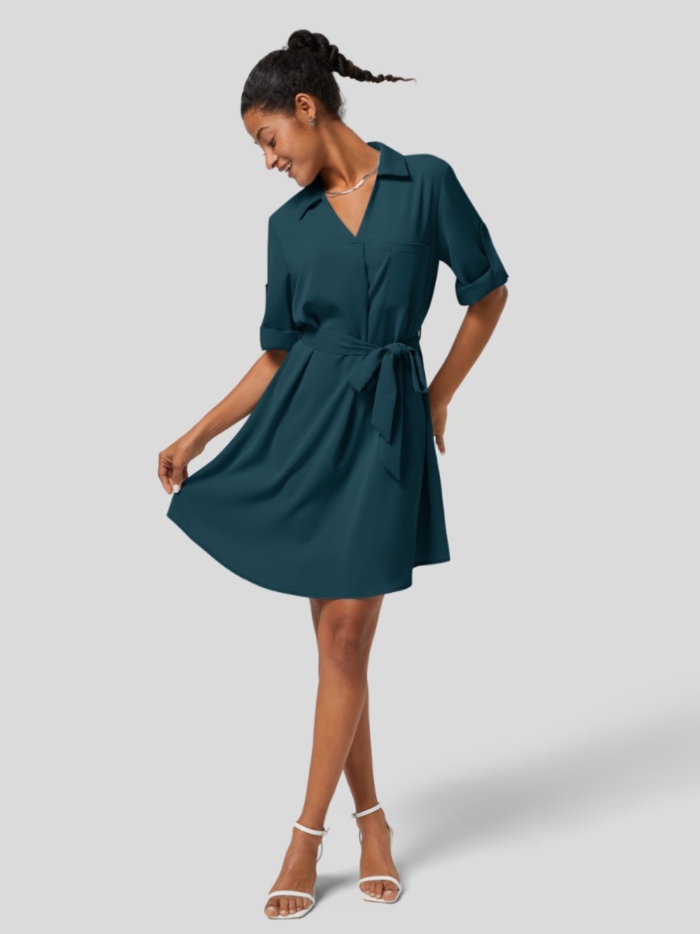 HALARA Teal Short Sleeve Tie-Waist Mini Dress